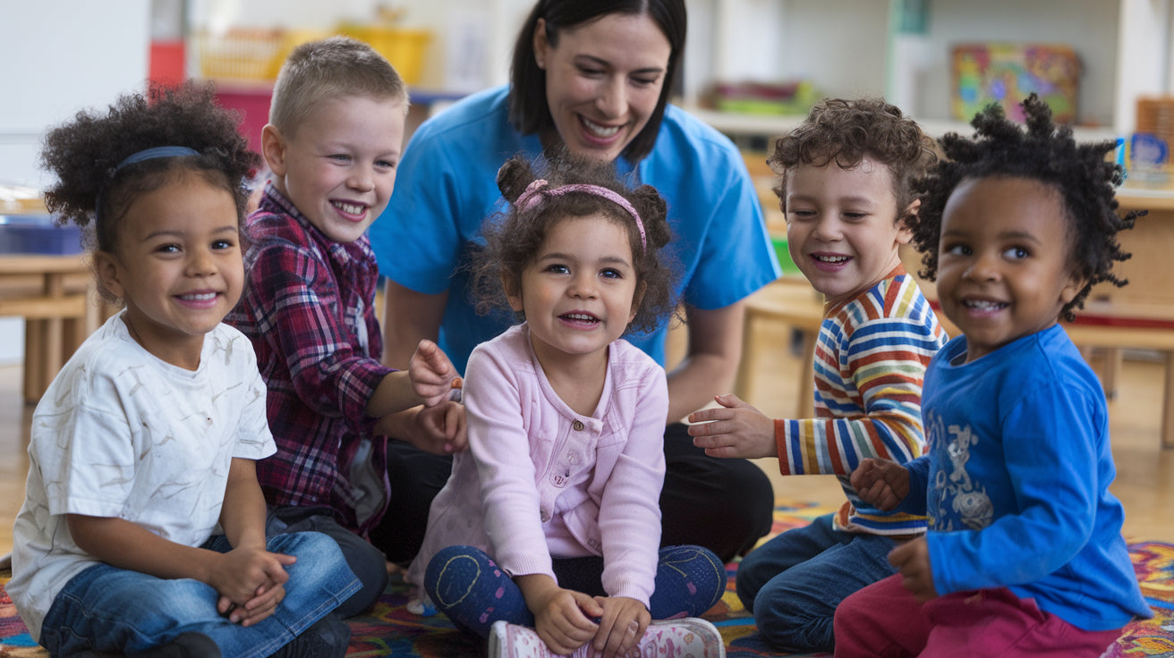 Eine Betreuerin spielt mit fünf Kindern im Kindergarten