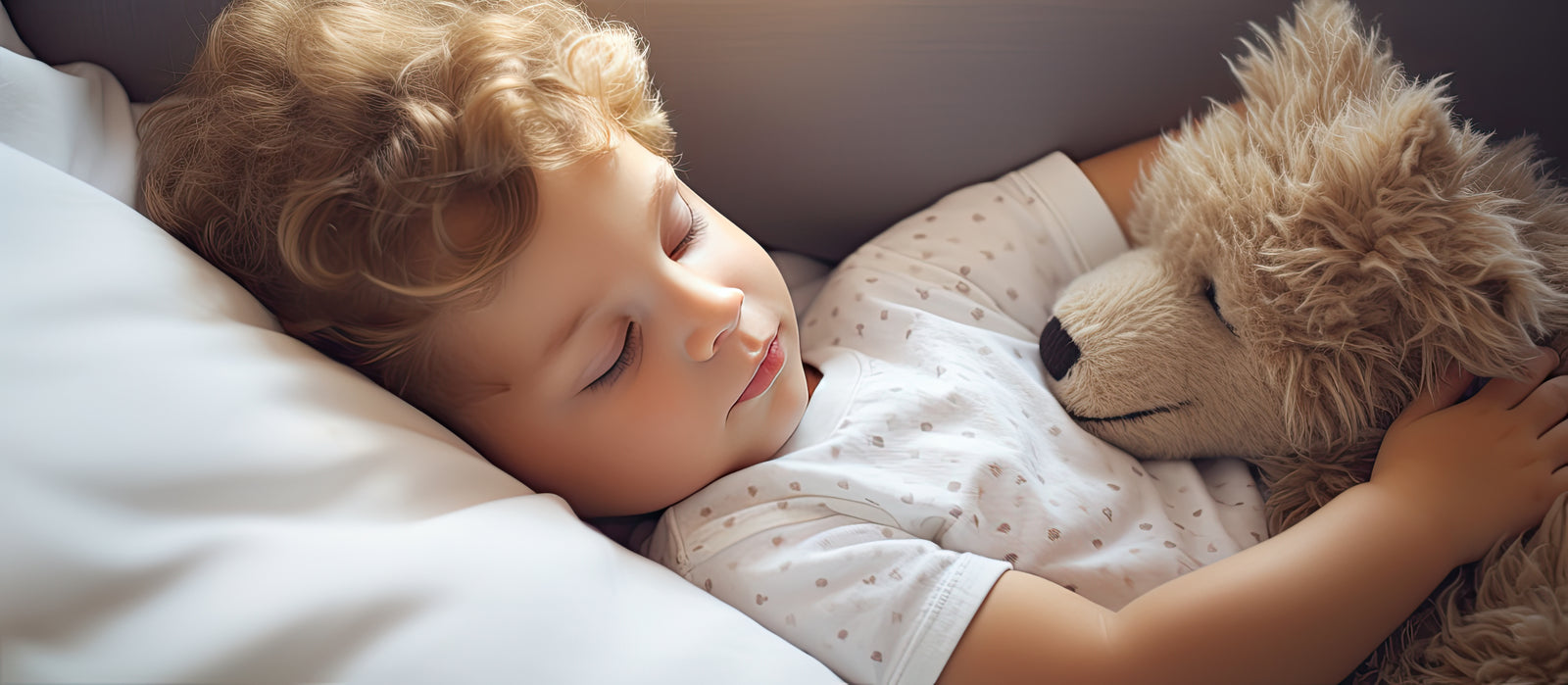 Kleinkind schläft im Bett mit seinem Kuscheltier