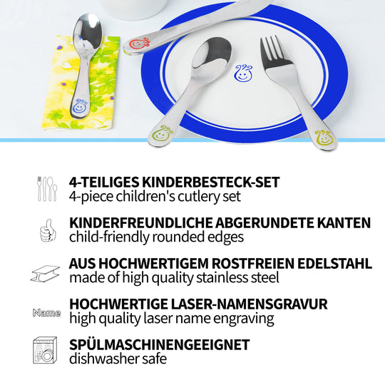 Smiley Kinderbesteck Mit Gravur | 4-Teilig Besteck Kinder | Koru Kids