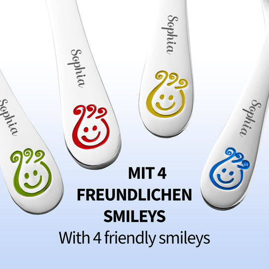 Smiley Kinderbesteck Mit Gravur | 4-Teilig Besteck Kinder | Koru Kids